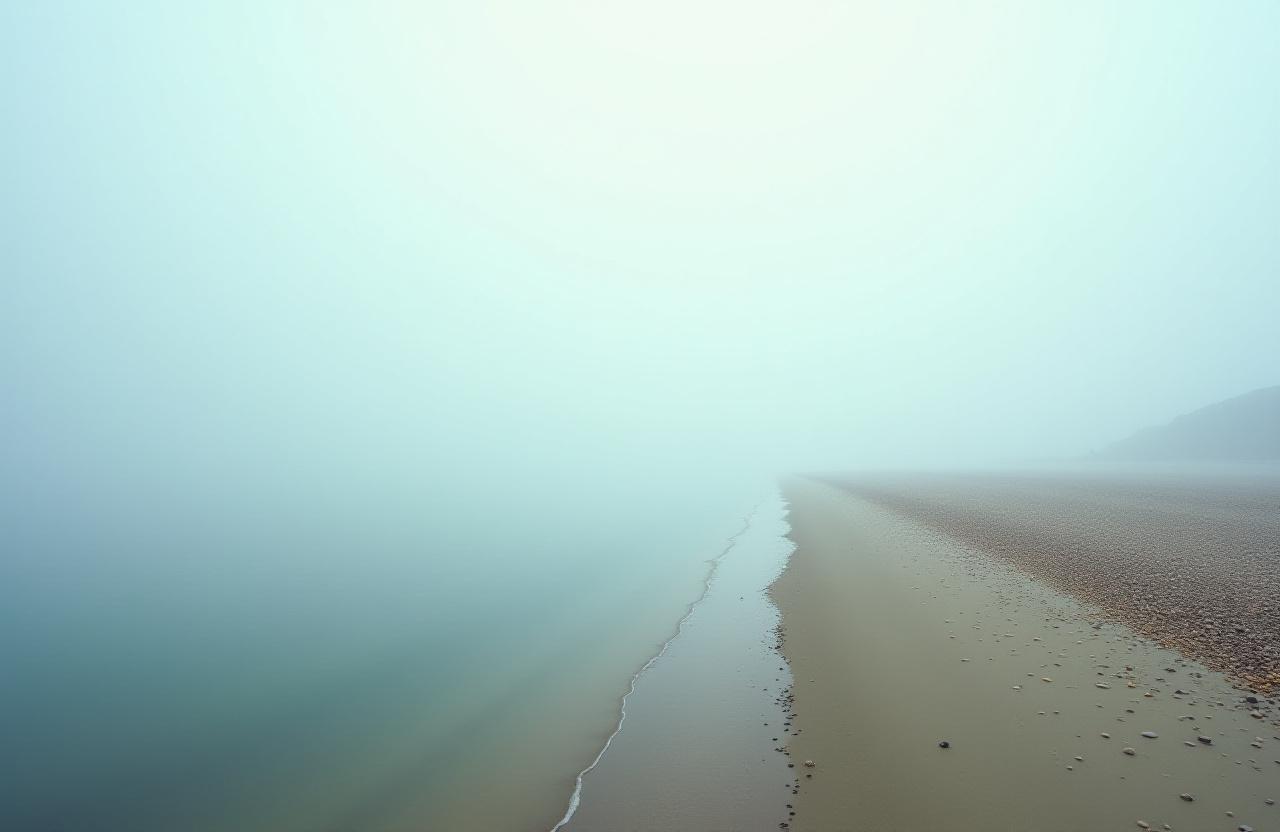 A serene, misty coastline in the autumn, devoid of crowds, offering a sense of vast personal space.